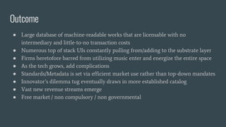 Outcome
● Large database of machine-readable works that are licensable with no
intermediary and little-to-no transaction c...