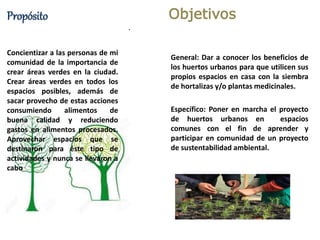 .
Propósito
Concientizar a las personas de mi
comunidad de la importancia de
crear áreas verdes en la ciudad.
Crear áreas verdes en todos los
espacios posibles, además de
sacar provecho de estas acciones
consumiendo alimentos de
buena calidad y reduciendo
gastos en alimentos procesados.
Aprovechar espacios que se
destinaron para éste tipo de
actividades y nunca se llevaron a
cabo
Objetivos
General: Dar a conocer los beneficios de
los huertos urbanos para que utilicen sus
propios espacios en casa con la siembra
de hortalizas y/o plantas medicinales.
Específico: Poner en marcha el proyecto
de huertos urbanos en espacios
comunes con el fin de aprender y
participar en comunidad de un proyecto
de sustentabilidad ambiental.
 