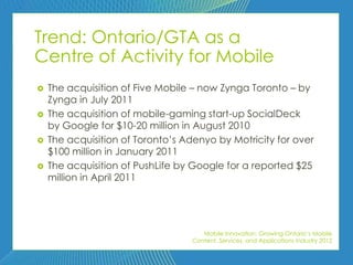 Trend: Ontario/GTA as a
Centre of Activity for Mobile
   The acquisition of Five Mobile – now Zynga Toronto – by
    Zynga in July 2011
   The acquisition of mobile-gaming start-up SocialDeck
    by Google for $10-20 million in August 2010
   The acquisition of Toronto’s Adenyo by Motricity for over
    $100 million in January 2011
   The acquisition of PushLife by Google for a reported $25
    million in April 2011




                                     Mobile Innovation: Growing Ontario’s Mobile
                                  Content, Services, and Applications Industry 2012
 