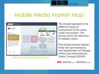 AGM 2012
                                   AGM 2012




 Mobile Media Market Map
                           This model represents the
                           different types of
                           companies in the value
                           chain ecosystem. The
                           arrows show the direction
                           of added value.

                           The Mobile Media Market
                           Map was sponsored by
                           the Department of Foreign
                           Affairs and International
www.mobilemediacanada.ca   Trade Canada (DFAIT).
 