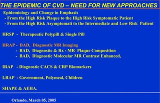 THE EPIDEMIC OF CVD – NEED FOR NEW APPROACHES
Epidemiology and Change in Emphasis
- From the High Risk Plaque to the High Risk Symptomatic Patient
- From the High Risk Asymptomati to the Intermediate and Low Risk Patient
HRSP - Therapeutic Polypill & Single Pill
HRAP - BAD, Diagnostic MR Imaging
- BAD, Diagnostic & Rx - MR Plaque Composition
- BAD, Diagnostic Molecular MR Contrast Enhanced,
IRAP - Diagnostic CACS & CRP Biomarkers
LRAP - Government, Polymeal, Children
SHAPE & AEHA.
Orlando, March 05, 2005
 