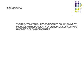 BIBLIOGRAFIA: YACIMIENTOS PETROLIFEROS FISCALES BOLIANOS (YPFB) LUBRIZOL “INTRODUCCION A LA CIENCIA DE LOS ADITIVOS HISTORIO DE LOS LUBRICANTES 