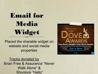 Email for
Media
Widget
Placed the sharable widget on
website and social media
properties
Tracks donated by
Brian Free & Assurance “Never
Walk Alone” &
Shonlock “Hello”

 