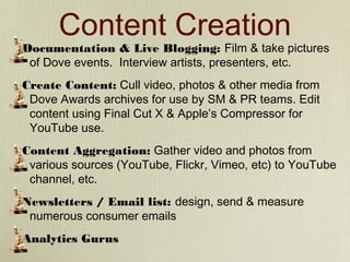 Content Creation

Documentation & Live Blogging: Film & take pictures
of Dove events. Interview artists, presenters, etc.
Create Content: Cull video, photos & other media from
Dove Awards archives for use by SM & PR teams. Edit
content using Final Cut X & Apple’s Compressor for
YouTube use.
Content Aggregation: Gather video and photos from
various sources (YouTube, Flickr, Vimeo, etc) to YouTube
channel, etc.
Newsletters / Email list: design, send & measure
numerous consumer emails
Analytics Gurus

 