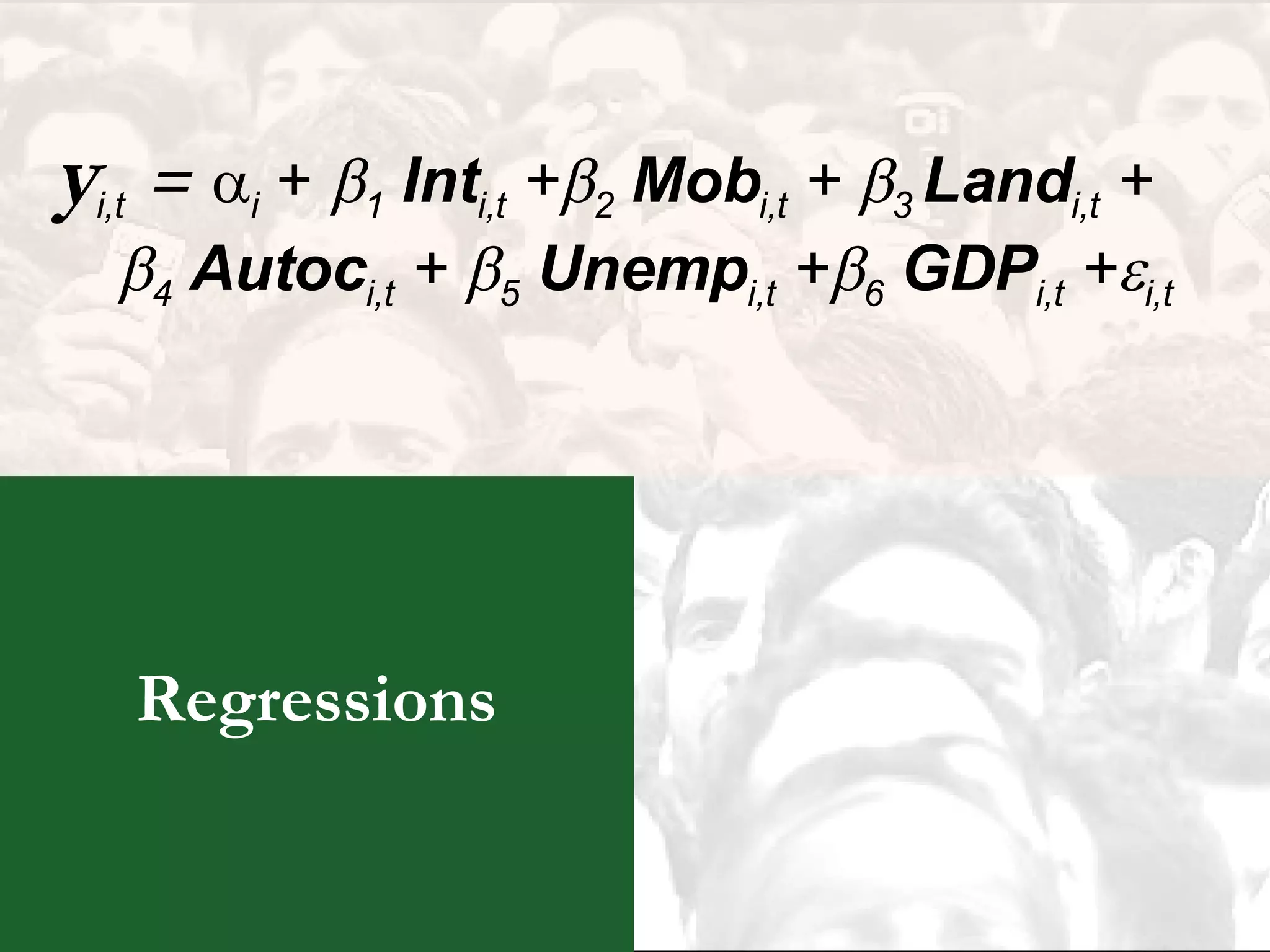 Regressions y i,t   =    i  +   1   Int i,t  +  2   Mob i,t  +   3  Land i,t  +  4   Autoc i,t  +   5   Unemp i,t  +  6   GDP i,t  +  i,t   