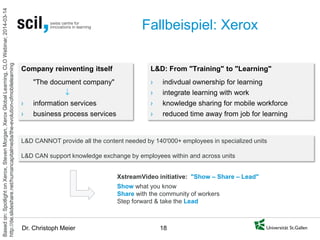 Dr. Christoph Meier 18 
Fallbeispiel: Xerox 
L&D: From "Training" to "Learning" 
›indivdual ownership for learning 
›integrate learning with work 
›knowledge sharing for mobile workforce 
›reduced time away from job for learning 
Based on: Spotlight on Xerox, Steven Morgan, Xerox Global Learning, CLO Webinar, 2014-03-14 http://de.slideshare.net/humancapitalmedia/the-evolution-ofmobilelearning 
XstreamVideo initiative: "Show – Share – Lead" 
Show what you know 
Share with the community of workers 
Step forward & take the Lead 
L&D CANNOT provide all the content needed by 140'000+ employees in specialized units L&D CAN support knowledge exchange by employees within and across units 
Company reinventing itself 
"The document company" 
↓ 
›information services 
›business process services  