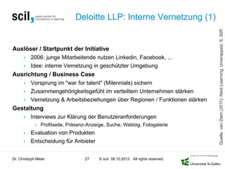 © scil All rights reserved.
Auslöser / Startpunkt der Initiative
› 2006: junge Mitarbeitende nutzen Linkedin, Facebook, ...
› Idee: interne Vernetzung in geschützter Umgebung
Ausrichtung / Business Case
› Vorsprung im "war for talent" (Milennials) sichern
› Zusammengehörigkeitsgefühl im verteiltem Unternehmen stärken
› Vernetzung & Arbeitsbeziehungen über Regionen / Funktionen stärken
Gestaltung
› Interviews zur Klärung der Benutzeranforderungen
› Profilseite, Präsenz-Anzeige, Suche, Weblog, Fotogalerie
› Evaluation von Produkten
› Entscheidung für Anbieter
Deloitte LLP: Interne Vernetzung (1)
Dr. Christoph Meier 27 08.10.2013
Quelle:vanDam(2011):NextLearning,Unwrapped,S.92ff.
 