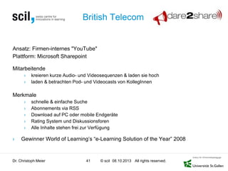 © scil All rights reserved.
British Telecom
Ansatz: Firmen-internes "YouTube"
Plattform: Microsoft Sharepoint
Mitarbeitende
› kreieren kurze Audio- und Videosequenzen & laden sie hoch
› laden & betrachten Pod- und Videocasts von KollegInnen
Merkmale
› schnelle & einfache Suche
› Abonnements via RSS
› Download auf PC oder mobile Endgeräte
› Rating System und Diskussionsforen
› Alle Inhalte stehen frei zur Verfügung
› Gewinner World of Learning’s “e-Learning Solution of the Year” 2008
Dr. Christoph Meier 41 08.10.2013
 