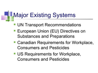 Major Existing Systems
 UN Transport Recommendations
 European Union (EU) Directives on
Substances and Preparations
 Canadian Requirements for Workplace,
Consumers and Pesticides
 US Requirements for Workplace,
Consumers and Pesticides
 
