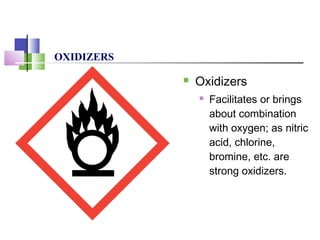 OXIDIZERS
 Oxidizers
 Facilitates or brings
about combination
with oxygen; as nitric
acid, chlorine,
bromine, etc. are
strong oxidizers.
 