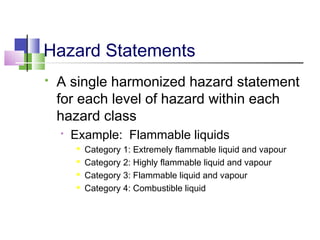 Hazard Statements
 A single harmonized hazard statement
for each level of hazard within each
hazard class
 Example: Flammable liquids

Category 1: Extremely flammable liquid and vapour

Category 2: Highly flammable liquid and vapour

Category 3: Flammable liquid and vapour

Category 4: Combustible liquid
 