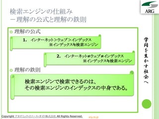 検索エンジンの仕組み
    －理解の公式と理解の鉄則
       理解の公式
             1. インターネット＞ウェブ＞インデックス                               学
                     ※インデックス≒検索エンジン                              問
                                                                 を
                                 2. インターネット≠ウェブ≠インデックス           生
                                         ※インデックス≒検索エンジン          か
                                                                 す
       理解の鉄則                                                    社
                                                                 会
              検索エンジンで検索できるのは、                                    へ
              その検索エンジンのインデックスの中身である。




Copyright アカデミック・リソース・ガイド株式会社 All Rights Reserved.   arg.ne.jp
 