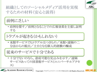組織としてのソーシャルメディア活用を実現
するための材料（安心と説得）

前例に乏しい
• 前例を探す／前例となることでの広報効果を主張し証明
  する

トラブルが起きる（かもしれない）
• 来館サービスでもトラブルはつきもの／来館・遠隔の二
  分法からの脱出／土台となる個人的経験の醸成

従来のサービスで十分である
• 十分でないのなら、達成可能な見込みを示す／遠隔
  サービスあっての図書館サービス（ユニバーサルアクセ
  ス）
                                                      11
          Copyright アカデミック・リソース・ガイド株式会社 All Rights Reserved.   arg.ne.jp
 
