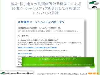 参考：国、地方公共団体等公共機関における
民間ソーシャルメディアを活用した情報発信
       についての指針




            公共機関ソーシャルメディアポータル
              http://smp.openlabs.go.jp/
   国、地方公共団体等公共機関における民間ソーシャルメディアを活用した情報発信についての指針


                                                       13
           Copyright アカデミック・リソース・ガイド株式会社 All Rights Reserved.   arg.ne.jp
 