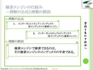 検索エンジンの仕組み
    －理解の公式と理解の鉄則
       理解の公式
             1.   インターネット＞ウェブ＞インデックス                             学
                       ※インデックス≒検索エンジン                            問
                                                                 を
                                  2.   インターネット≠ウェブ≠インデックス        生
                                            ※インデックス≒検索エンジン       か
                                                                 す
       理解の鉄則                                                    社
                                                                 会
              検索エンジンで検索できるのは、                                    へ
              その検索エンジンのインデックスの中身である。




Copyright アカデミック・リソース・ガイド株式会社 All Rights Reserved.   arg.ne.jp
 