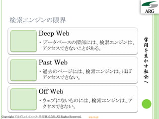 検索エンジンの限界
                       Deep Web
                                                                 学
                       • データベースの深部には、検索エンジンは、
                                                                 問
                         アクセスできないことがある。                          を
                                                                 生
                       Past Web                                  か
                                                                 す
                       • 過去のページには、検索エンジンは、ほぼ                     社
                         アクセスできない。                               会
                                                                 へ
                       Off Web
                       • ウェブにないものには、検索エンジンは、ア
                         クセスできない。
Copyright アカデミック・リソース・ガイド株式会社 All Rights Reserved.   arg.ne.jp
 
