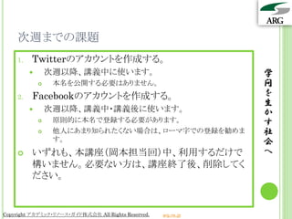 次週までの課題
    1.   Twitterのアカウントを作成する。
                次週以降、講義中に使います。                                  学
                 本名を公開する必要はありません。                               問
    2.   Facebookのアカウントを作成する。                                    を
                                                                 生
                次週以降、講義中・講義後に使います。                              か
                 原則的に本名で登録する必要があります。                            す
                 他人にあまり知られたくない場合は、ローマ字での登録を勧めま                  社
                  す。                                             会
        いずれも、本講座（岡本担当回）中、利用するだけで                                へ
         構いません。必要ない方は、講座終了後、削除してく
         ださい。


Copyright アカデミック・リソース・ガイド株式会社 All Rights Reserved.   arg.ne.jp
 