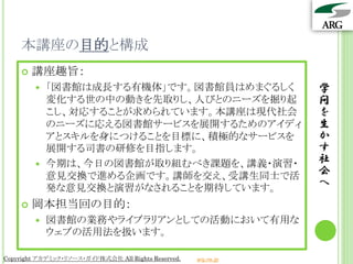 本講座の目的と構成
       講座趣旨：
         「図書館は成長する有機体」です。図書館員はめまぐるしく                            学
          変化する世の中の動きを先取りし、人びとのニーズを掘り起                            問
          こし、対応することが求められています。本講座は現代社会                            を
          のニーズに応える図書館サービスを展開するためのアイディ                            生
          アとスキルを身につけることを目標に、積極的なサービスを                            か
          展開する司書の研修を目指します。                                       す
         今期は、今日の図書館が取り組むべき課題を、講義・演習・
                                                                 社
          意見交換で進める企画です。講師を交え、受講生同士で活                             会
          発な意見交換と演習がなされることを期待しています。
                                                                 へ
       岡本担当回の目的：
           図書館の業務やライブラリアンとしての活動において有用な
            ウェブの活用法を扱います。

Copyright アカデミック・リソース・ガイド株式会社 All Rights Reserved.   arg.ne.jp
 