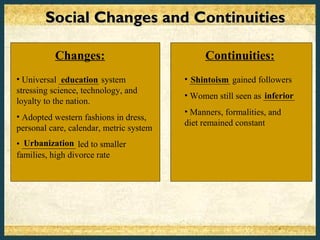 Social Changes and Continuities

          Changes:                            Continuities:
• Universal _________ system
             education                   • _________ gained followers
                                           Shintoism
stressing science, technology, and
                                         • Women still seen as _______
                                                               inferior
loyalty to the nation.
                                         • Manners, formalities, and
• Adopted western fashions in dress,
                                         diet remained constant
personal care, calendar, metric system
• ____________ led to smaller
  Urbanization
families, high divorce rate
 