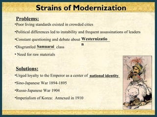 Strains of Modernization
Problems:
•Poor living standards existed in crowded cities
•Political differences led to instability and frequent assassinations of leaders
•Constant questioning and debate about ______________
                                       Westernizatio
                                          n
•Disgruntled _________ class
             Samuarai
• Need for raw materials


Solutions:
•Urged loyalty to the Emperor as a center of _______________
                                             national identity
•Sino-Japanese War 1894-1895
•Russo-Japanese War 1904
•Imperialism of Korea: Annexed in 1910
 