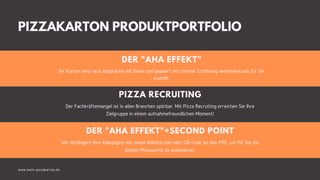 DER "AHA EFFEKT"
Ihr Karton wird nach Absprache mit Ihnen und gepaart mit unserer Erfahrung werbewirksam für Sie
erstellt.
PIZZA RECRUITING
Der Fachkräftemangel ist in allen Branchen spürbar. Mit Pizza Recruiting erreichen Sie Ihre
Zielgruppe in einem aufnahmefreundlichen Moment!
DER "AHA EFFEKT"+SECOND POINT
Wir verlängern Ihre Kampagne mit einem Rabattcode oder QR-Code an den POS, um für Sie die
besten Messwerte zu analysieren.
PIZZAKARTON PRODUKTPORTFOLIO
www.mein-pizzakarton.de
 