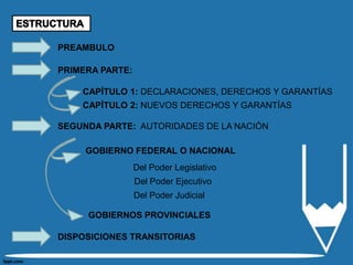 PREAMBULO

PRIMERA PARTE:

    CAPÍTULO 1: DECLARACIONES, DERECHOS Y GARANTÍAS
    CAPÍTULO 2: NUEVOS DERECHOS Y GARANTÍAS

SEGUNDA PARTE: AUTORIDADES DE LA NACIÓN

     GOBIERNO FEDERAL O NACIONAL
                 Del Poder Legislativo
                 Del Poder Ejecutivo
                 Del Poder Judicial

     GOBIERNOS PROVINCIALES

DISPOSICIONES TRANSITORIAS
 