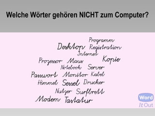 Welche Wörter gehören NICHT zum Computer?
 
