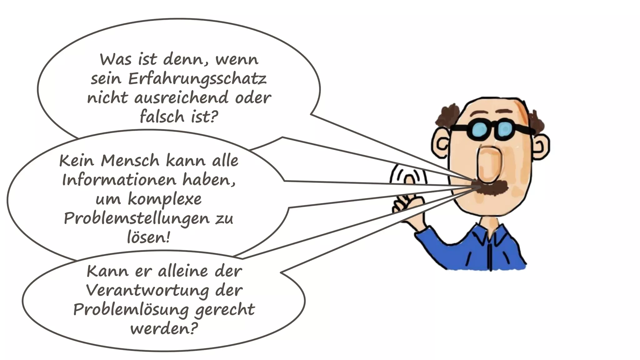Was ist denn, wenn
sein Erfahrungsschatz
nicht ausreichend oder
falsch ist?
Kein Mensch kann alle
Informationen haben,
um komplexe
Problemstellungen zu
lösen!
Kann er alleine der
Verantwortung der
Problemlösung gerecht
werden?
 