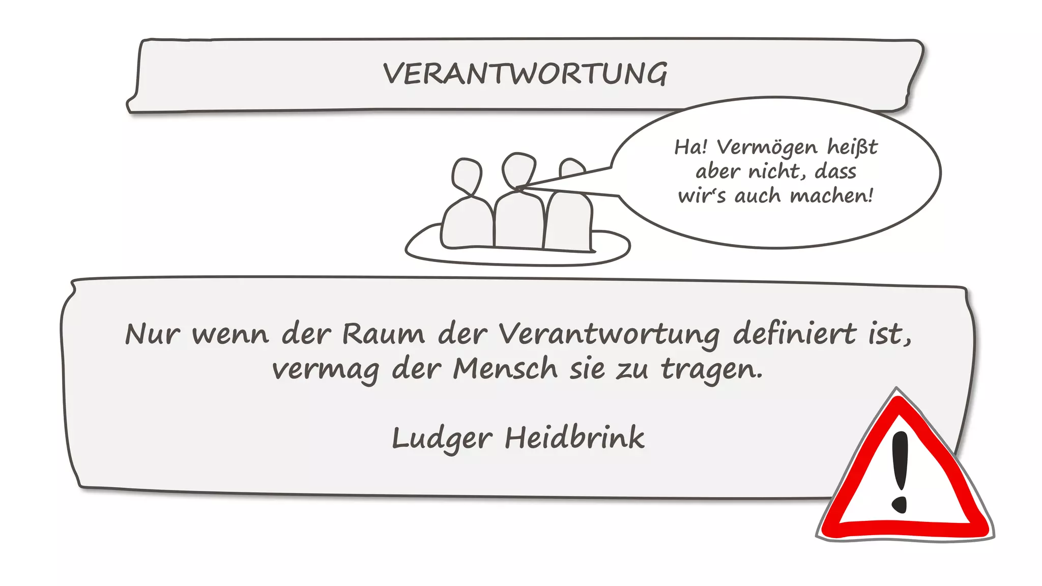 VERANTWORTUNG
Nur wenn der Raum der Verantwortung definiert ist,
vermag der Mensch sie zu tragen.
Ludger Heidbrink
Ha! Vermögen heißt
aber nicht, dass
wir‘s auch machen!
 