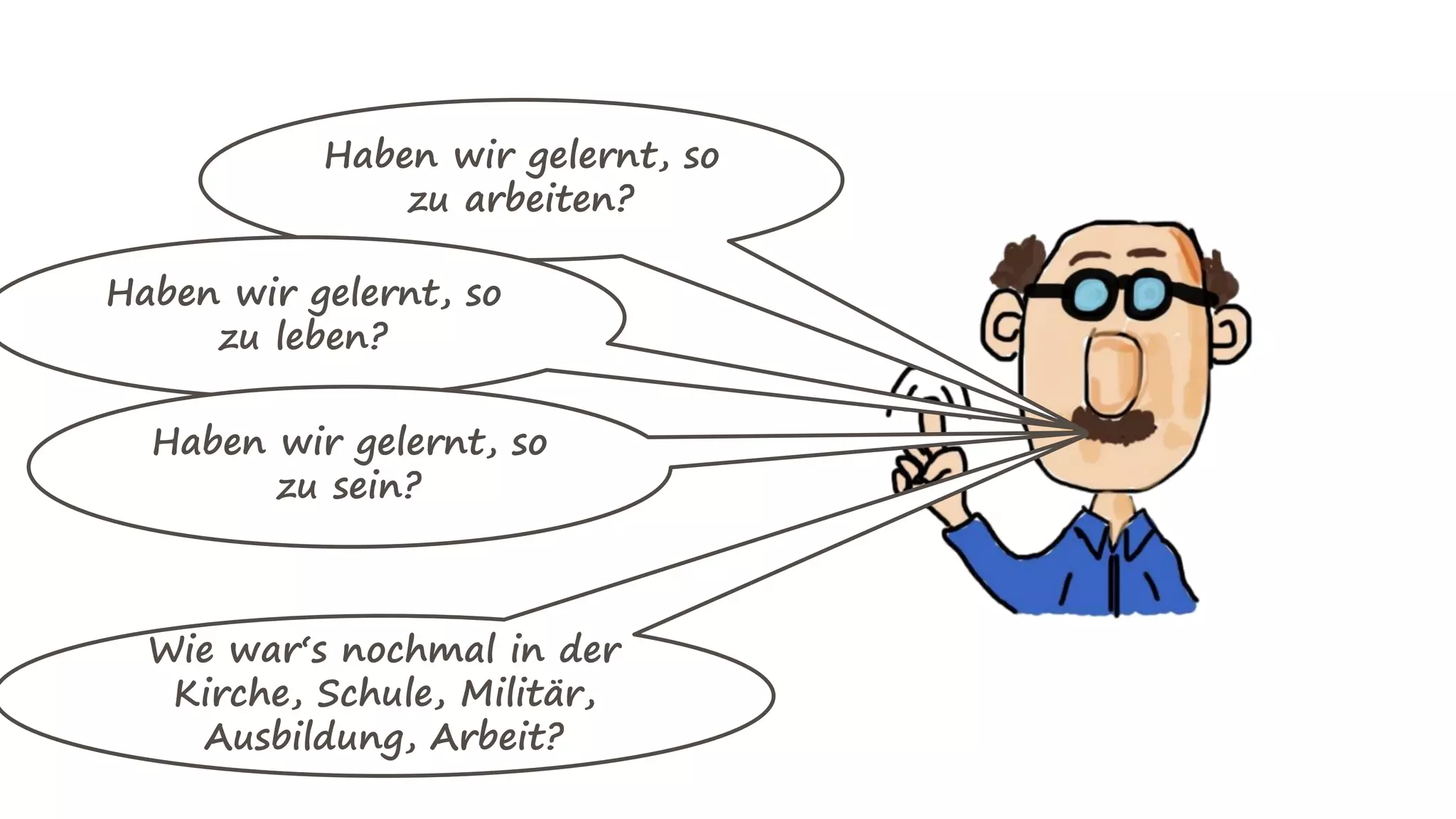 Haben wir gelernt, so
zu arbeiten?
Haben wir gelernt, so
zu leben?
Haben wir gelernt, so
zu sein?
Wie war‘s nochmal in der
Kirche, Schule, Militär,
Ausbildung, Arbeit?
 