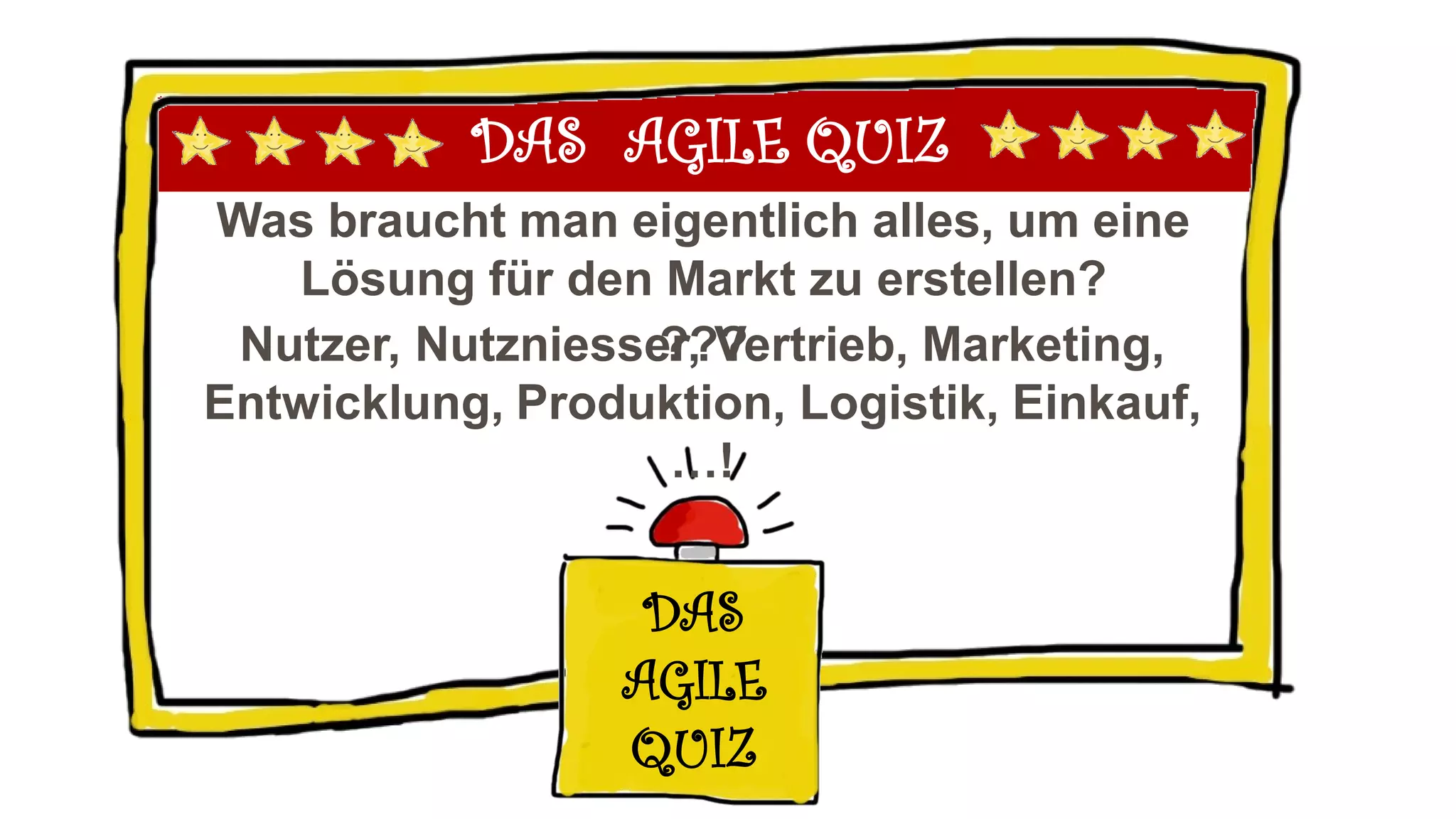 DAS AGILE QUIZ
Was braucht man eigentlich alles, um eine
Lösung für den Markt zu erstellen?
DAS
AGILE
QUIZ
???Nutzer, Nutzniesser, Vertrieb, Marketing,
Entwicklung, Produktion, Logistik, Einkauf,
…!
 
