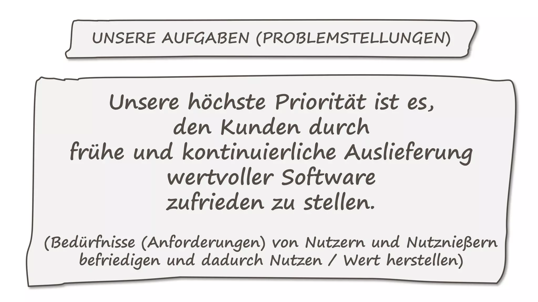 UNSERE AUFGABEN (PROBLEMSTELLUNGEN)
Unsere höchste Priorität ist es,
den Kunden durch
frühe und kontinuierliche Auslieferung
wertvoller Software
zufrieden zu stellen.
(Bedürfnisse (Anforderungen) von Nutzern und Nutznießern
befriedigen und dadurch Nutzen / Wert herstellen)
 