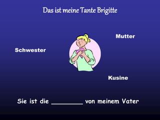 Das ist meine Tante Brigitte
Sie ist die ________ von meinem Vater
Schwester
Mutter
Kusine
 