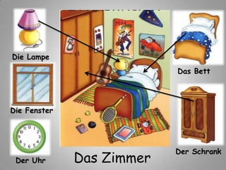 Das Zimmer
Das Bett
Die Lampe
Der Schrank
Der Uhr
Die Fenster
 