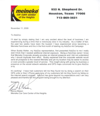 Meineke Auto Service &amp; Repair Testimonial Letter - Great Results with AdzZoo