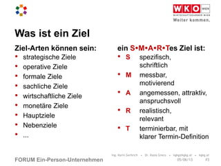 FORUM Ein-Person-Unternehmen
Ziel-Arten können sein: ein SMARTes Ziel ist:
Was ist ein Ziel
• strategische Ziele
• operative Ziele
• formale Ziele
• sachliche Ziele
• wirtschaftliche Ziele
• monetäre Ziele
• Hauptziele
• Nebenziele
• ...
• S spezifisch,
schriftlich
• M messbar,
motivierend
• A angemessen, attraktiv,
anspruchsvoll
• R realistisch,
relevant
• T terminierbar, mit
klarer Termin-Definition
Ing. Karin Gerbrich • Dr. Kasia Greco • kgkg@kgkg.at • kgkg.at
#305/06/13
 
