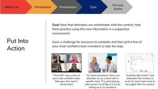 Put Into
Action
Goal: Now that attendees are comfortable with the content, help
them practice using this new information i...