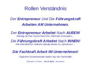 Rollen Verständnis
Der Entrepreneur Und Die Führungskraft
Arbeiten AM Unternehmen.
Der Entrepreneur Arbeitet Nach AUßEN!
Ständig Auf Der Suche Nach Der Nächsten Innovation ...

Die Führungskraft Arbeitet Nach INNEN!
Alle Betrieblichen Abläufe Ständig Weiter Zu Optimieren ...

Die Fachkraft Arbeit IM Unternehmen!
Täglichen Kundenkontakt haben Nur die Fachkräfte!
(Michael E. Gerber - „The E-Myth - Revisited“)

 