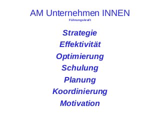 AM Unternehmen INNEN
Führungskraft

Strategie
Effektivität
Optimierung
Schulung
Planung
Koordinierung
Motivation

 