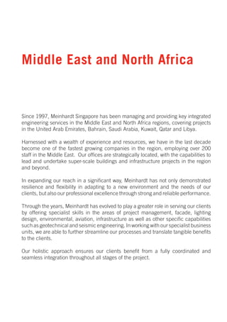 Middle East and North Africa


Since 1997, Meinhardt Singapore has been managing and providing key integrated
engineering services in the Middle East and North Africa regions, covering projects
in the United Arab Emirates, Bahrain, Saudi Arabia, Kuwait, Qatar and Libya.

Harnessed with a wealth of experience and resources, we have in the last decade
become one of the fastest growing companies in the region, employing over 200
staff in the Middle East. Our offices are strategically located, with the capabilities to
lead and undertake super-scale buildings and infrastructure projects in the region
and beyond.

In expanding our reach in a significant way, Meinhardt has not only demonstrated
resilience and flexibility in adapting to a new environment and the needs of our
clients, but also our professional excellence through strong and reliable performance.

Through the years, Meinhardt has evolved to play a greater role in serving our clients
by offering specialist skills in the areas of project management, facade, lighting
design, environmental, aviation, infrastructure as well as other specific capabilities
such as geotechnical and seismic engineering. In working with our specialist business
units, we are able to further streamline our processes and translate tangible benefits
to the clients.

Our holistic approach ensures our clients benefit from a fully coordinated and
seamless integration throughout all stages of the project.
 