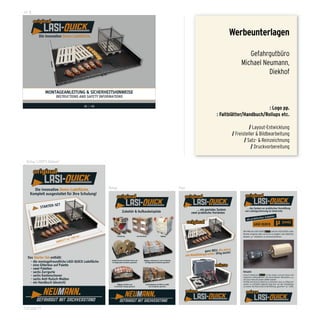 41 %
           original


               Die innovative Demo-ladefläche.                                                             Werbeunterlagen

                                                                                                                        Gefahrgutbüro
                                                                                                                     Michael Neumann,
                                                                                                                               Diekhof

                    Montageanleitung & SicherheitShinweiSe
                         InstructIons and safety InformatIons
1
                                          De | en
                                                                                                                          : Logo pp.
                                                                                                 : Faltblätter/Handbuch/Rollups etc.

                                                                                                                          / Layout-Entwicklung
                                                                                                                / Freisteller & Bildbearbeitung
                                                                                                                       / Satz- & Reinzeichnung
                                                                                                                           / Druckvorbereitung

     Rollup 1.200*2.040mm²




                                                     Rollup     Flyer



                                                                                                                          … das System zur praktischen Vermittlung
                                                                                … ein geniales System                   von Ladungssicherung im Unterricht.
                                                                            zwei praktische Varianten
                                                                                                                                             es Zubehör:
                                                                                                                          als praktisch
                                                                                                                                   LASI-QUICK
                                                                                                                      Mit Hilfe des LASI-QUICK         und den LASI-QUICK-Lade-
                                                                                                                      flächen (original oder micro) ist es möglich, den Gleitreib-
                                                                                                                      beiwert „µ“ realistisch zu veranschaulichen.




                                                                                       ganz NEU: die micro
                                                                                             ie: 10kg leicht!
                                                                        mit Mobilitätsgarant



                                                                                                                      Beispiel:
                                                                                                                      Unser Probekörper            ist 1 kg schwer und auf seinen acht
                                                                                                                      möglichen Auflageflächen mit verschiedenen Materialien u.a.
                                                                                                                      mit einer Antirutschmatte (ARM) beklebt.
                                                                                                                      Im Bild zum Versuch (oben) ist zu erkennen, dass ca. 650g (ent-
                                                                                                                      spricht ca. 0,65daN) Zugkraft nötig sind, um den Probekörper
                                                                                                                      zu ziehen. Der Rest ist durch die Reibung „gesichert“ (µ = 0,65).




    full page fit
 