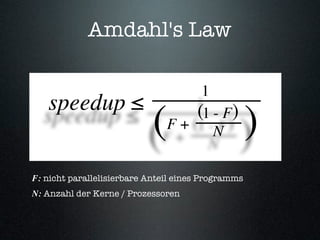 Amdahl's Law




F: nicht parallelisierbare Anteil eines Programms
N: Anzahl der Kerne / Prozessoren
 