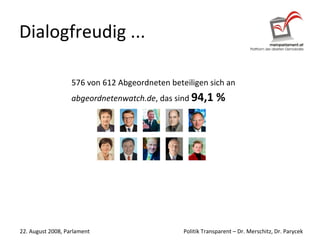 Dialogfreudig ... 576 von 612   Abgeordneten beteiligen sich an abgeordnetenwatch.de , das sind  94,1 % 