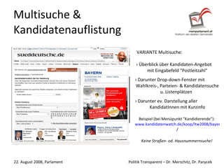 Multisuche & Kandidatenauflistung VARIANTE Multisuche:   › Überblick über Kandidaten-Angebot mit Eingabefeld "Postleitzahl"  ›  Darunter Drop-down-Fenster mit Wahlkreis-, Parteien- & Kandidatensuche u. Listenplätzen  ›  Darunter ev. Darstellung aller KandidatInnen mit Kurzinfo Beispiel (bei Menüpunkt "Kandidierende"):  www.kandidatenwatch.de/koop/ltw2008/bayern/sueddeutsche.de/demo / Keine Straßen- od. Hausnummernsuche!  