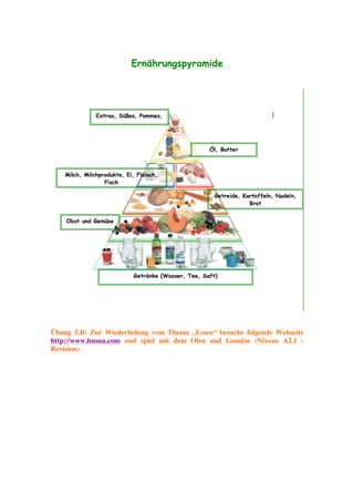 Ernährungspyramide




Übung 5.B) Zur Wiederholung vom Thema „Essen“ besuche folgende Webseite
http://www.busuu.com und spiel mit dem Obst und Gemüse (Niveau A2.1 -
Revision)
 