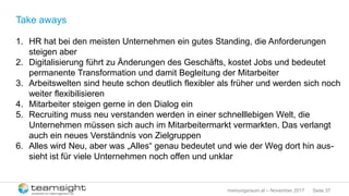 Seite 37meinungsraum.at – November 2017
Take aways
1. HR hat bei den meisten Unternehmen ein gutes Standing, die Anforderungen
steigen aber
2. Digitalisierung führt zu Änderungen des Geschäfts, kostet Jobs und bedeutet
permanente Transformation und damit Begleitung der Mitarbeiter
3. Arbeitswelten sind heute schon deutlich flexibler als früher und werden sich noch
weiter flexibilisieren
4. Mitarbeiter steigen gerne in den Dialog ein
5. Recruiting muss neu verstanden werden in einer schnelllebigen Welt, die
Unternehmen müssen sich auch im Mitarbeitermarkt vermarkten. Das verlangt
auch ein neues Verständnis von Zielgruppen
6. Alles wird Neu, aber was „Alles“ genau bedeutet und wie der Weg dort hin aus-
sieht ist für viele Unternehmen noch offen und unklar
 