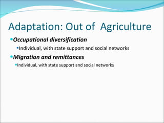 Adaptation: Out of  Agriculture Occupational diversification Individual, with state support and social networks Migration and remittances Individual, with state support and social networks 