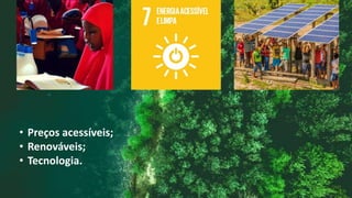 • Preços acessíveis;
• Renováveis;
• Tecnologia.
 