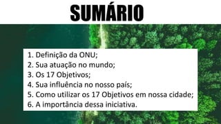 SUMÁRIO
1. Definição da ONU;
2. Sua atuação no mundo;
3. Os 17 Objetivos;
4. Sua influência no nosso país;
5. Como utilizar os 17 Objetivos em nossa cidade;
6. A importância dessa iniciativa.
 