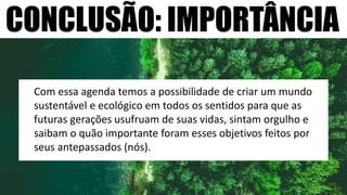 CONCLUSÃO: IMPORTÂNCIA
Com essa agenda temos a possibilidade de criar um mundo
sustentável e ecológico em todos os sentidos para que as
futuras gerações usufruam de suas vidas, sintam orgulho e
saibam o quão importante foram esses objetivos feitos por
seus antepassados (nós).
 